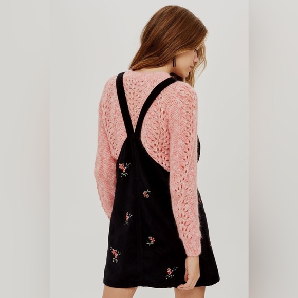Topshop Moto Velour Embroidered Overall Dress Dungaree Black Floral Size 8 US - Picture 8 of 13